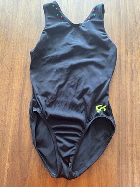 GK Black Leotard with Neon Green Logo and Pink & Green Dots